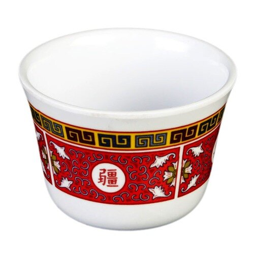 A white melamine tea cup with a red and yellow Longevity design.