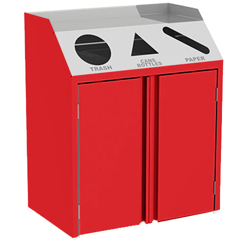A red rectangular Lakeside refuse/recycle/paper station with black lines.