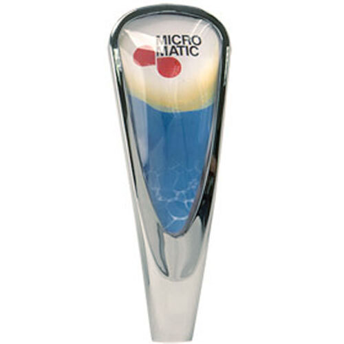 A close-up of a Micro Matic chrome beer tap handle with a blue and silver logo insert.