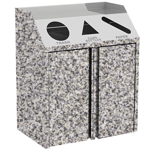 A black rectangular Lakeside refuse/recycle/paper station with a white stripe and gray speckled surface.