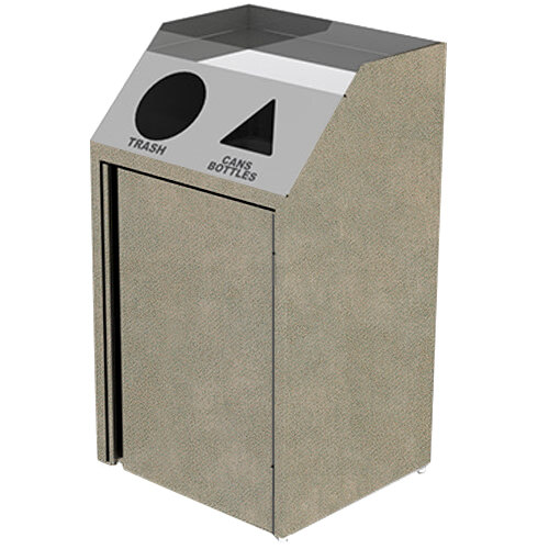 A stainless steel rectangular refuse and recycling station with a beige door.