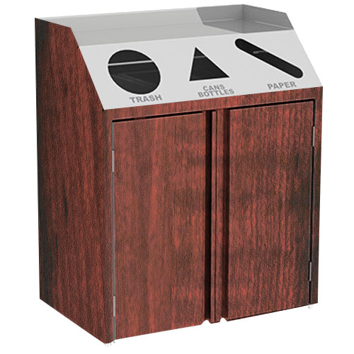 A stainless steel rectangular refuse, recycle, and paper station with red maple front panels.