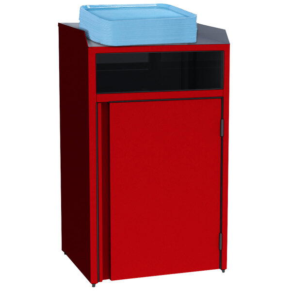 A red cabinet with a glass door and a Lakeside stainless steel refuse station inside.