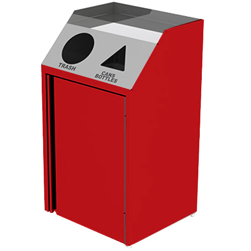 A red rectangular Lakeside recycling station with a black lid.
