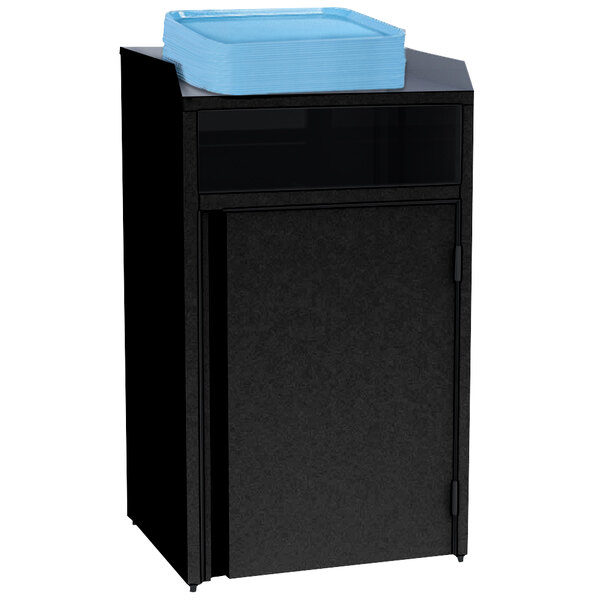 A black cabinet with a blue tray on top.