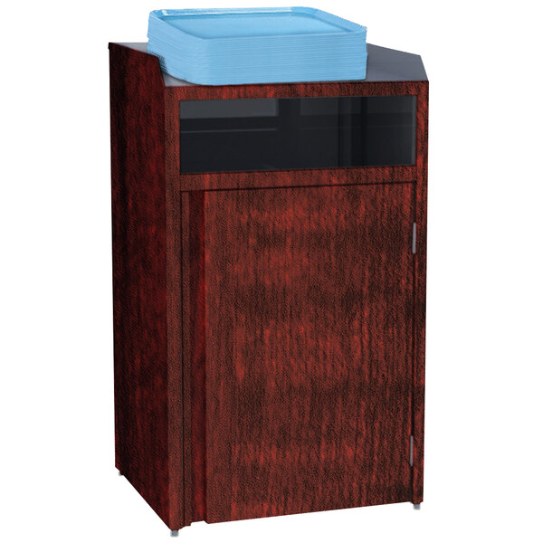 A red wood cabinet with a Lakeside stainless steel refuse station with a red maple laminate top.