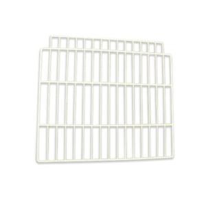 A stainless steel grid with white bars.