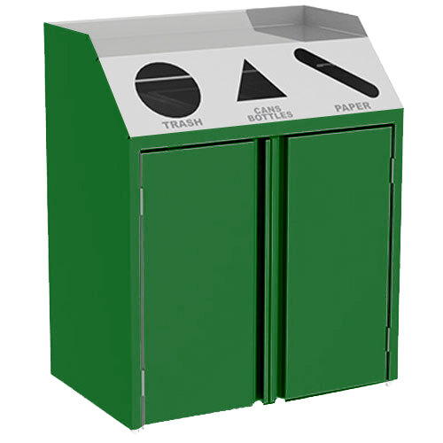 A green rectangular refuse/recycle/paper station with two doors and a metal pole.