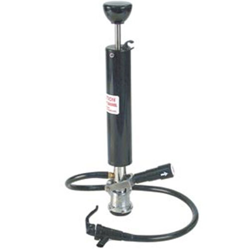 A black Micro Matic plastic party pump with a chrome-plated coupler and a hose.
