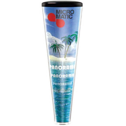 A Micro Matic clear plastic beer tap handle with black accents and a beach and palm tree design on a small tube.