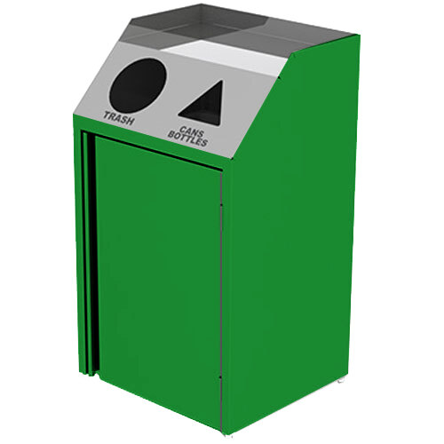A green and silver Lakeside recycling station with a green top.