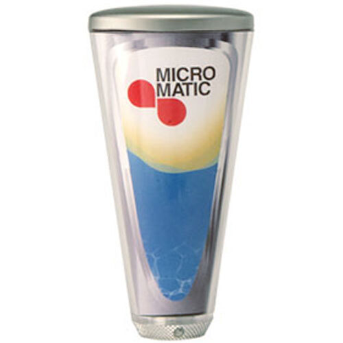 A Micro Matic clear plastic beer tap handle with a metal cap and a blue and yellow logo.