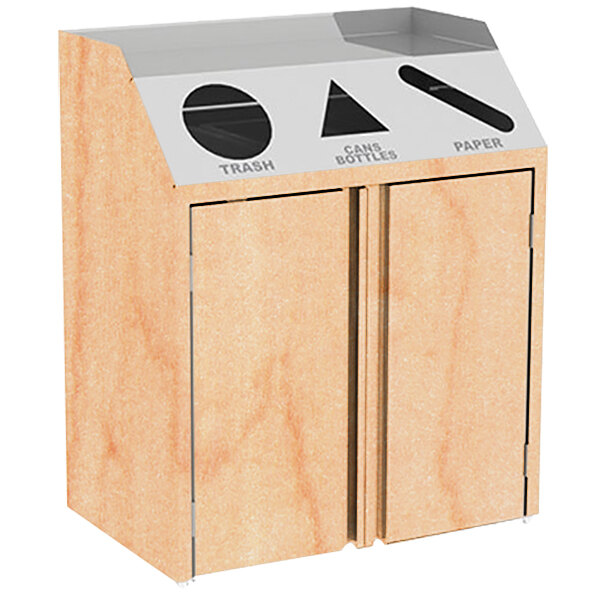 A Lakeside rectangular refuse/recycle/paper station with a wood surface and two doors.