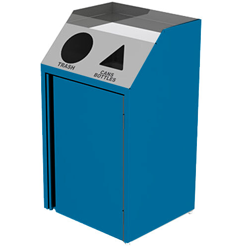 A blue and silver rectangular refuse and recycling station with a blue lid.