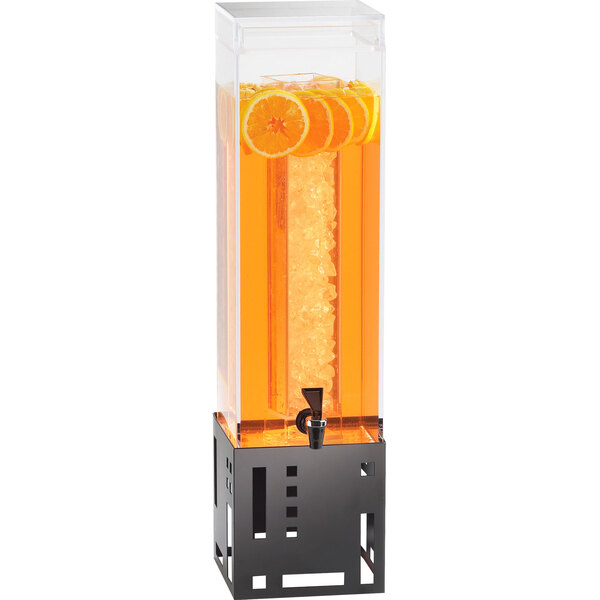 A Cal-Mil black plastic beverage dispenser with orange liquid and ice in it.