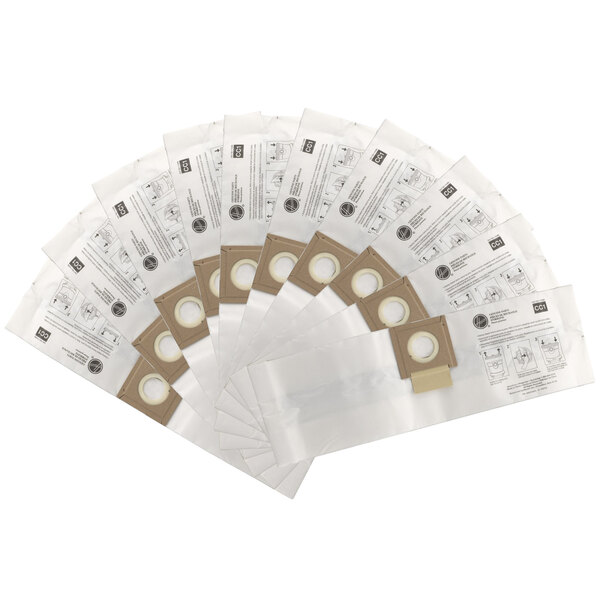 A 10 pack of Hoover vacuum cleaner bags with white paper bags and holes.