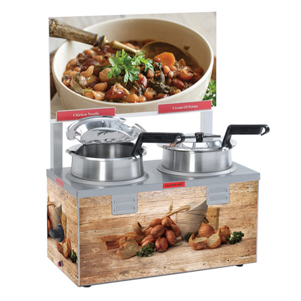 A Nemco soup warmer with three pots of soup on display.