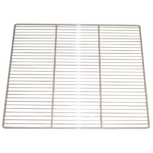 A stainless steel metal grid shelf with clips.