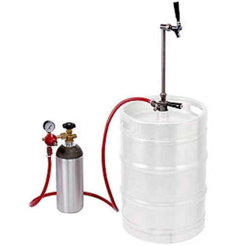 A white Micro Matic keg with a red hose and a chrome-plated faucet.