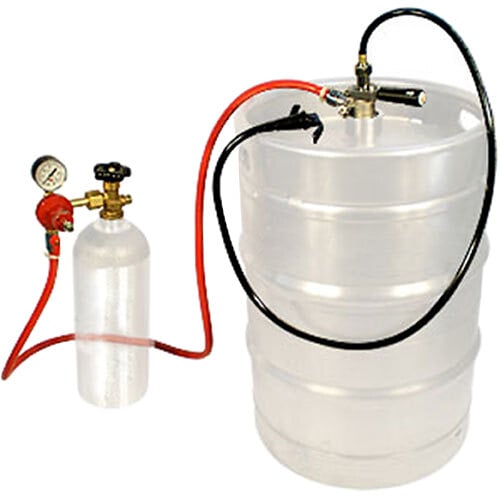 A white Micro Matic keg party dispensing system with a plastic squeeze-trigger faucet.