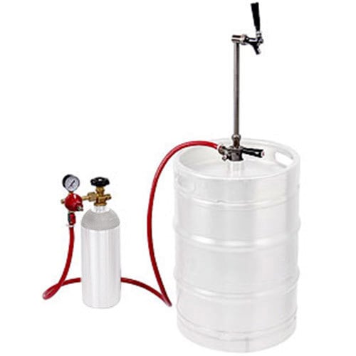A white Micro Matic keg with a red hose and a black and white cylinder attached to it.
