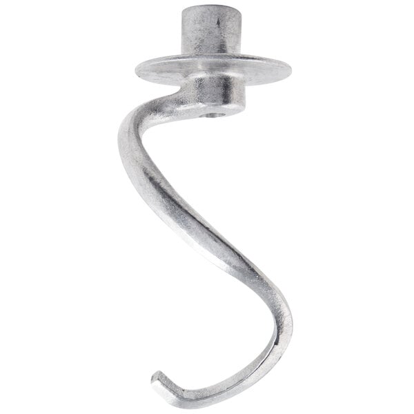 An aluminum dough hook for a Hobart N50 mixer bowl with a curved metal hook on the end.