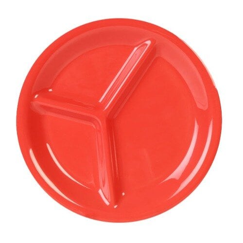 A red Thunder Group melamine plate with three sections.