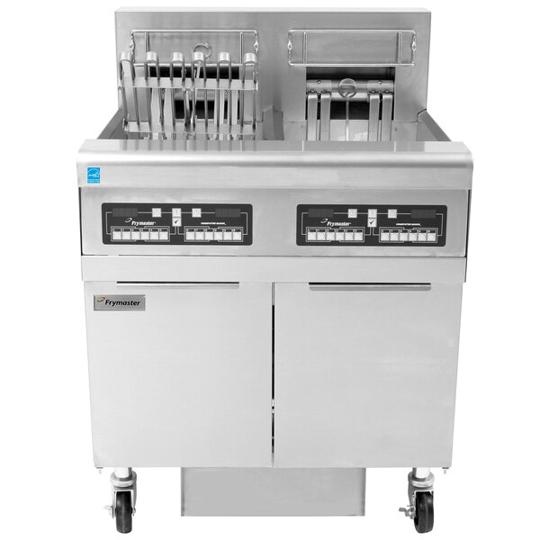 A Frymaster electric floor fryer with drawers and control panel on wheels.