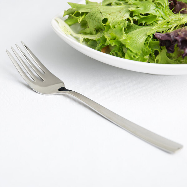 An Arcoroc stainless steel salad fork next to a plate of salad.