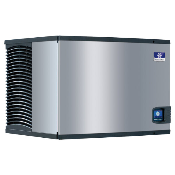 The silver rectangular Manitowoc Indigo NXT series ice machine with a silver metal grill on top.