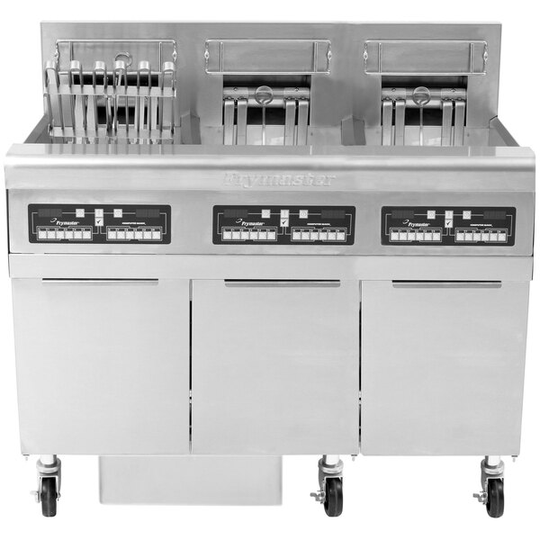 A Frymaster commercial electric floor fryer with three frypots and wheels.