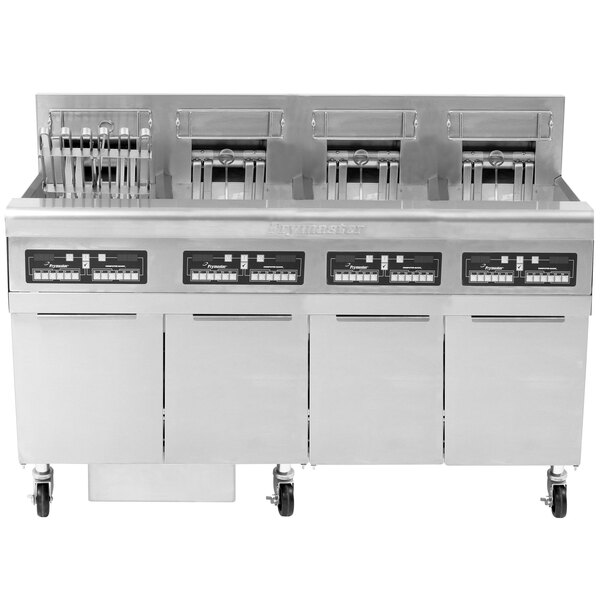 A Frymaster electric floor fryer with four frypots and knobs.