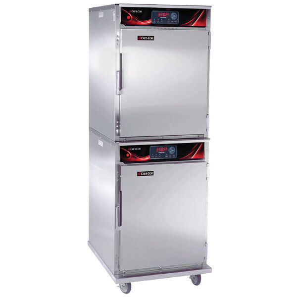 A Cres Cor stacked cook and hold oven with a digital display.