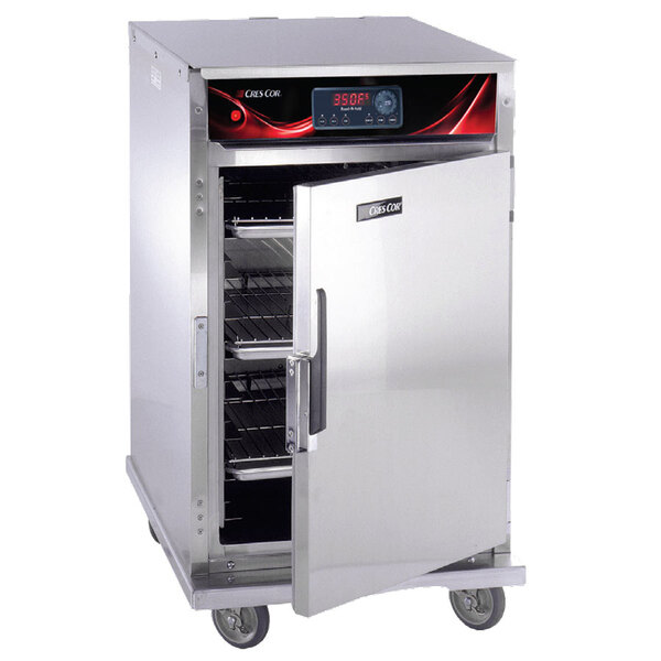 A stainless steel Cres Cor half height cook and hold oven with a door open.