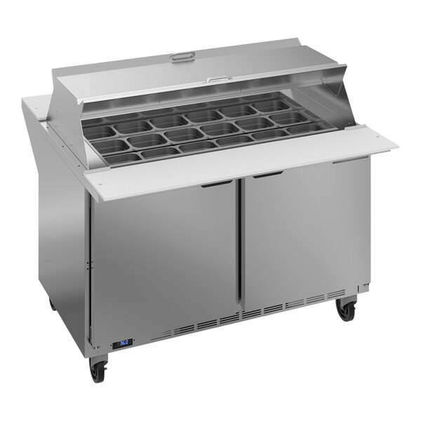 A Beverage-Air stainless steel refrigerated sandwich prep table with two compartments.