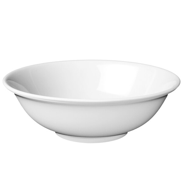 A close-up of a white Thunder Group Nustone melamine bowl with no rim.
