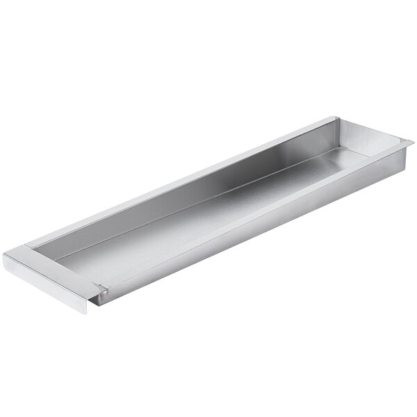 A rectangular silver stainless steel tray with a handle.