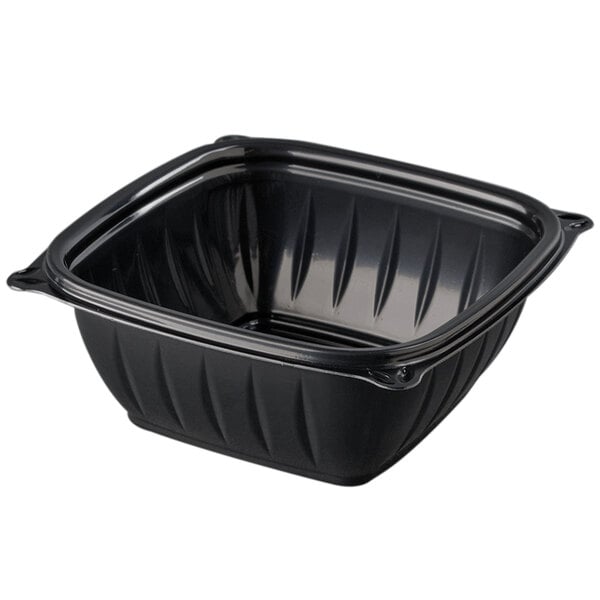 A black square Dart plastic container with a black lid.