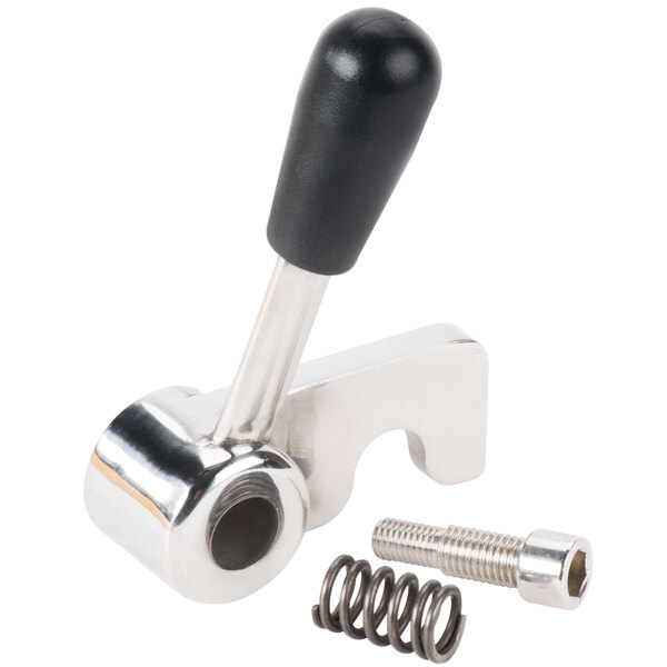 An Avantco stainless steel bowl lock handle with a black handle, screw, and spring.