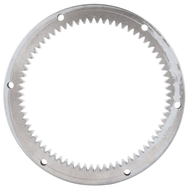 A metal circular gear ring with many small teeth.