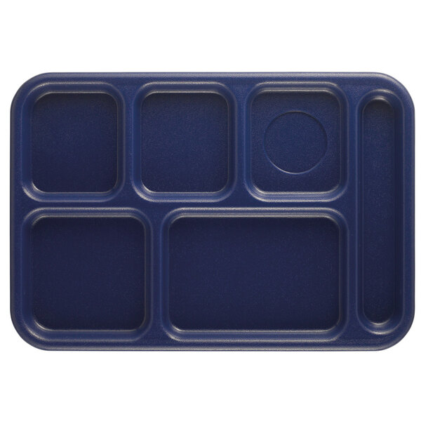 A navy blue rectangular tray with six compartments.