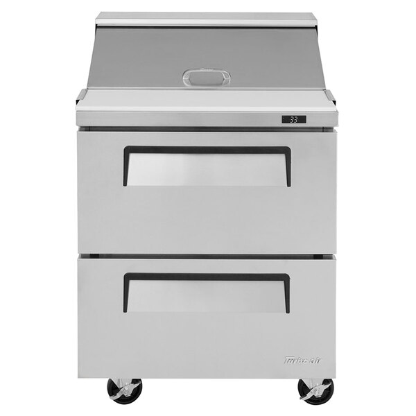 A stainless steel Turbo Air refrigerated sandwich prep table with two drawers.