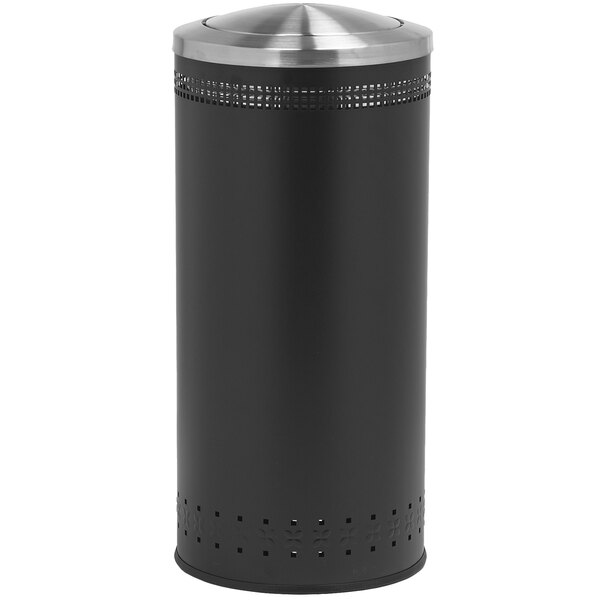 A black steel Commercial Zone trash can with a swivel lid.