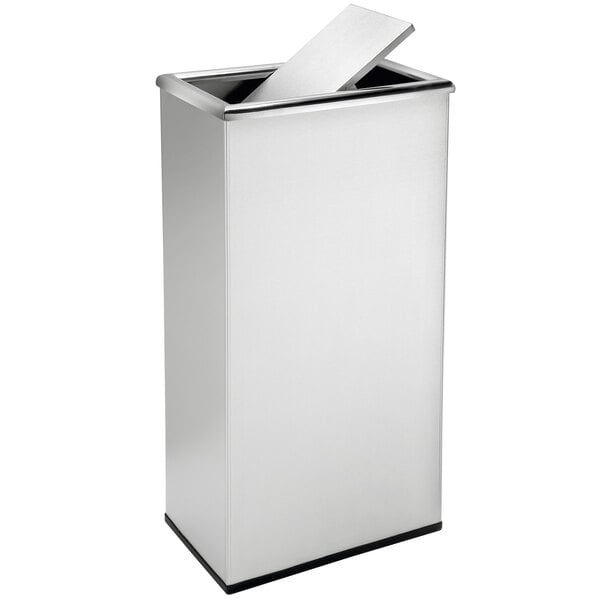 A silver rectangular Commercial Zone stainless steel trash can with a lid open.