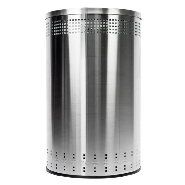 A stainless steel Commercial Zone trash receptacle with an open top lid.
