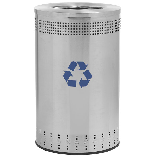 A silver stainless steel Commercial Zone Precision recycling bin with a recycle symbol.