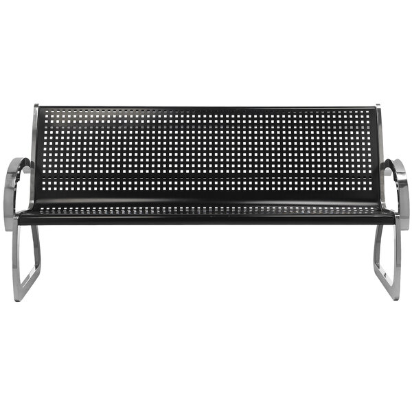 A black metal Commercial Zone Skyline bench with holes in the back.