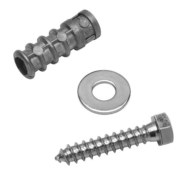 A screw and nut with a washer and metal ring.