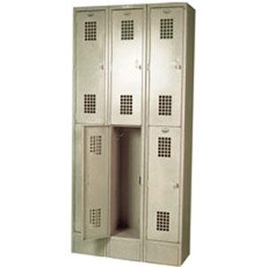 A Winholt metal locker with three columns of doors.
