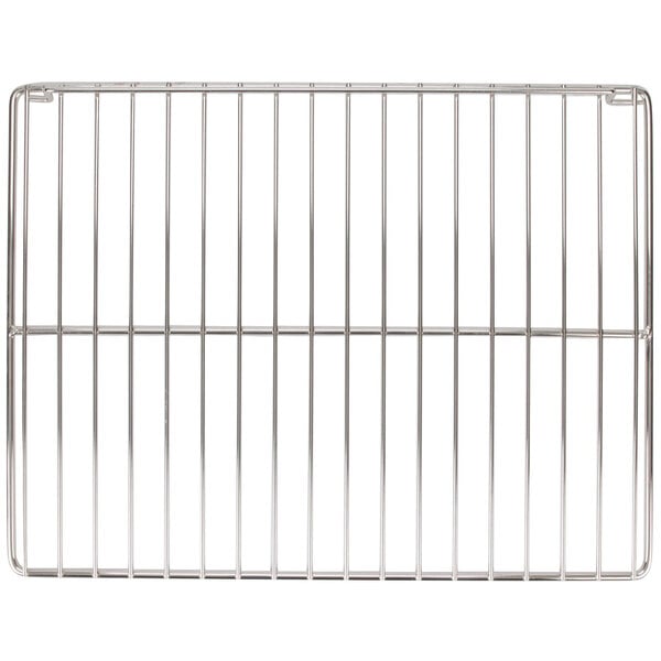 A stainless steel wire oven rack with metal bars.